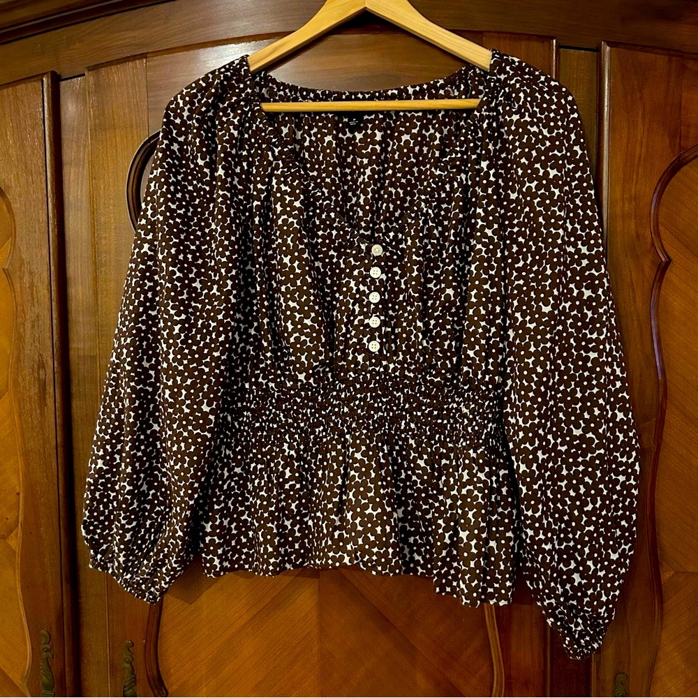 J.Crew brown/cream peplum top with Daisy’s print Size Medium - Picture 2 of 7